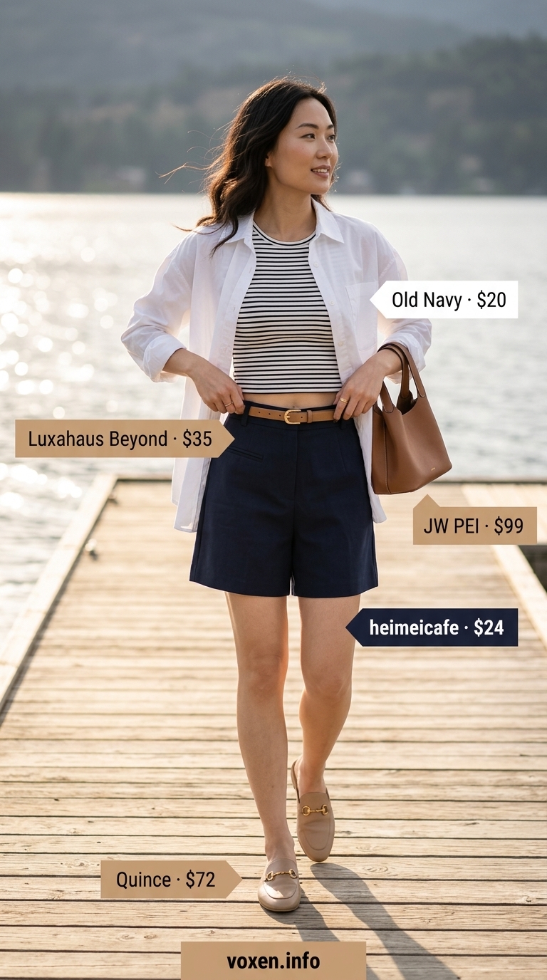 Summer Flowy Shorts for Women 2026: Lakeside Polish Summer Flowy Shorts for Women 2026: Navy tailored shorts, white button-down, loafers for lakeside.