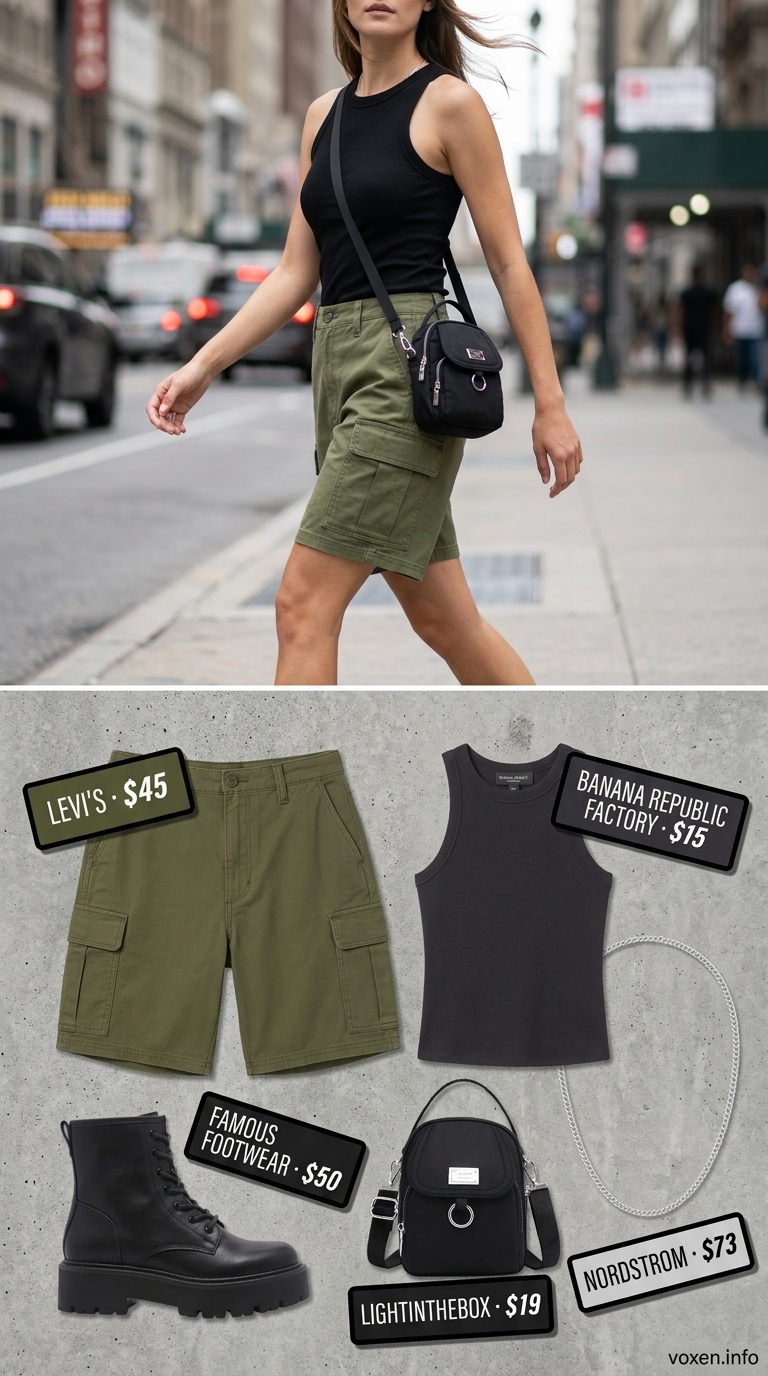 Summer Flowy Shorts for Women 2026: Urban Explorer Summer Flowy Shorts for Women 2026: Olive cargo shorts, black tank, combat boots for urban exploration.