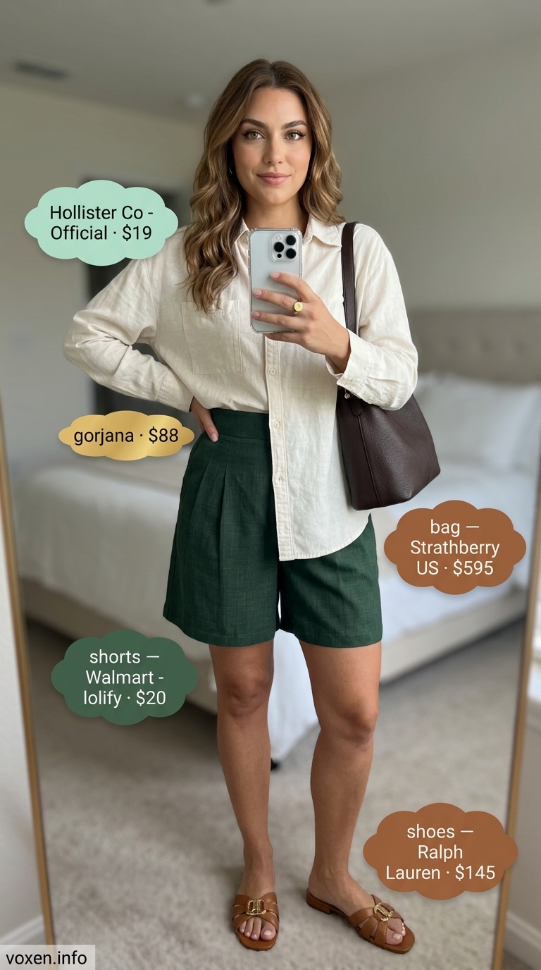Summer Flowy Shorts for Women 2026: Elevated Getaway Summer Flowy Shorts for Women 2026: Sage green silk shorts, linen shirt, leather bag for getaway.