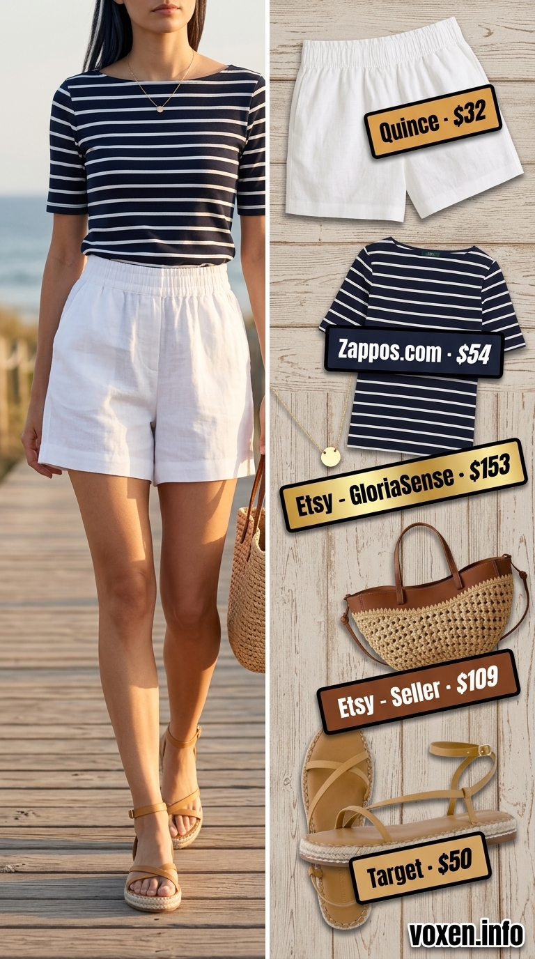 Summer Flowy Shorts for Women 2026: Beach Day Style Summer Flowy Shorts for Women 2026: White linen shorts, navy striped top, straw tote, espadrilles for beach day.
