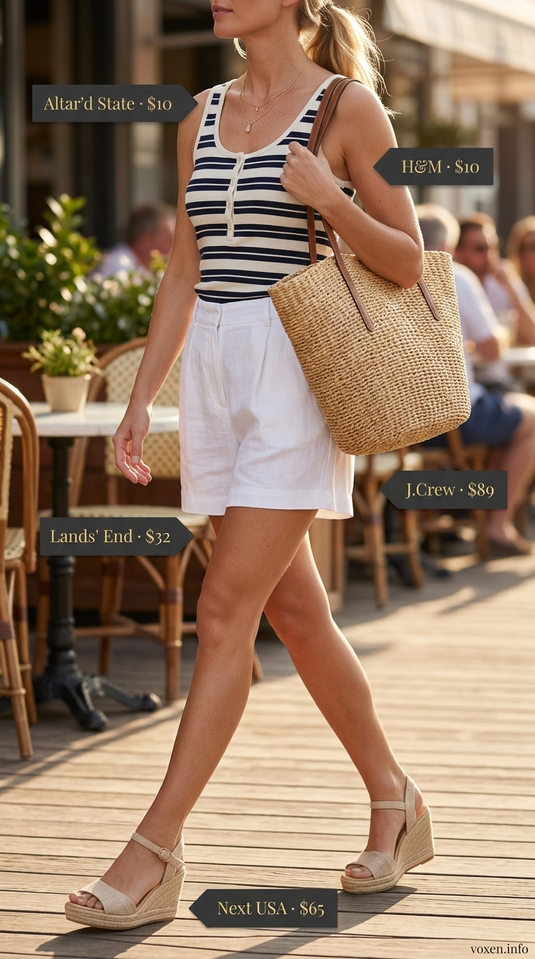 Summer Flowy Shorts for Women 2026: Brunch Ready Summer Flowy Shorts for Women 2026: White linen shorts, striped top, straw tote for brunch.
