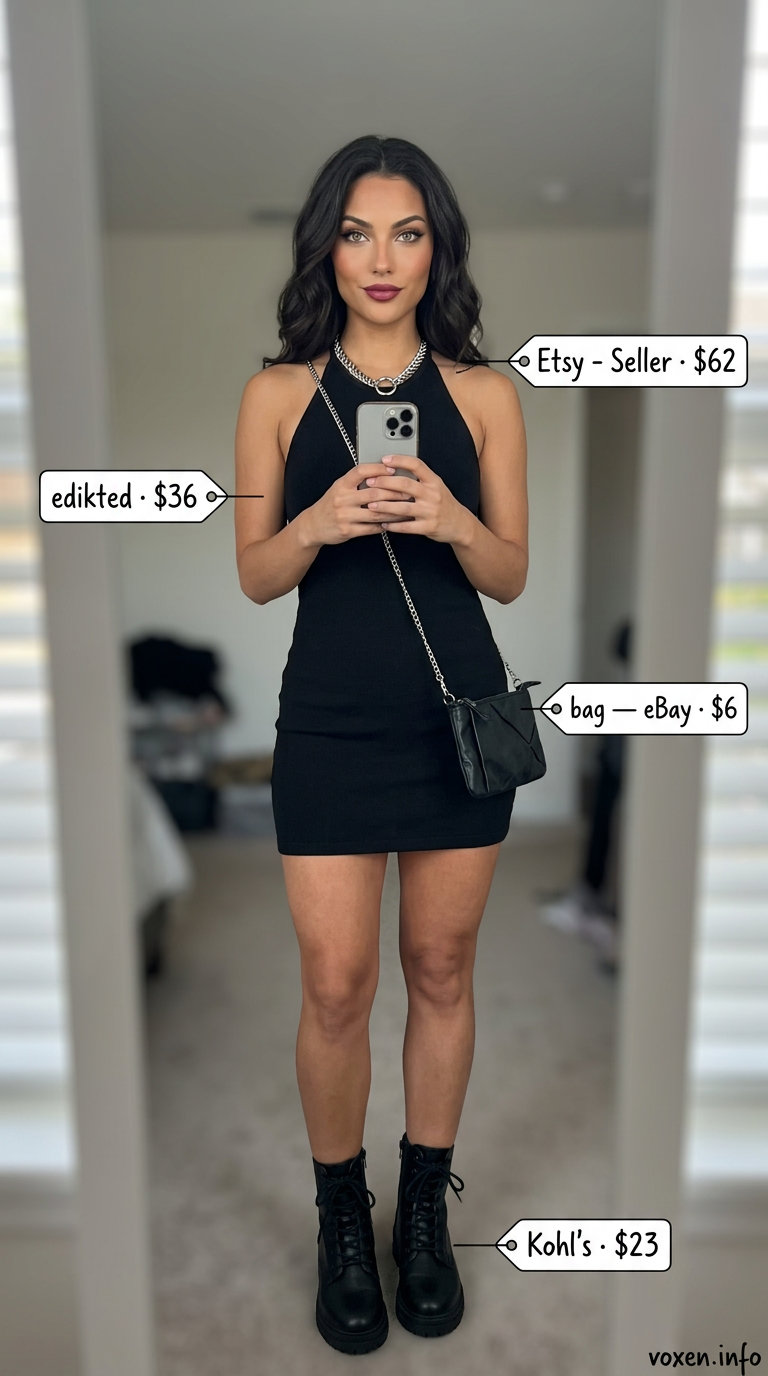 Edgy black halter mini dress with silver jewelry and combat boots for summer Halter Neck outfits for women 2026.
