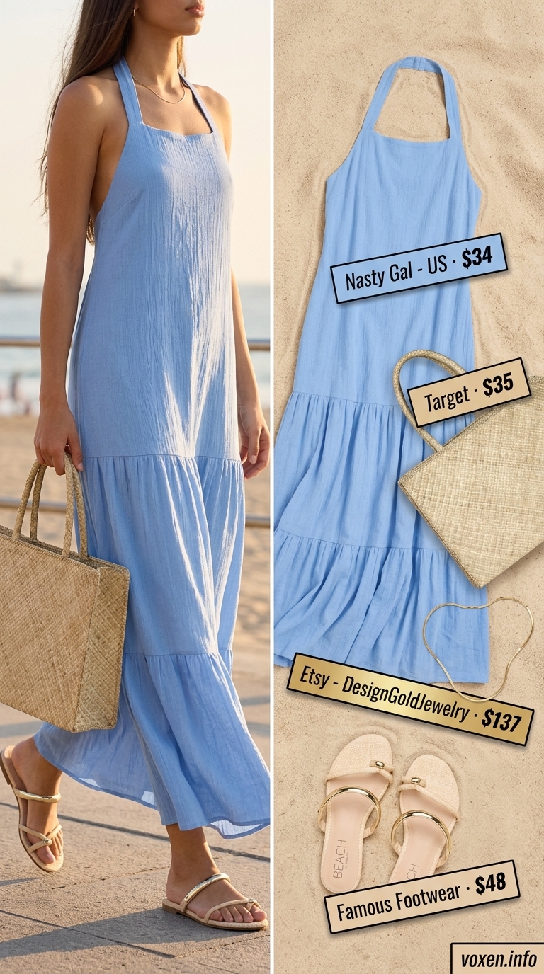 Sky blue halter neck maxi dress outfit for women 2026, perfect for beach vacations and summer brunches.