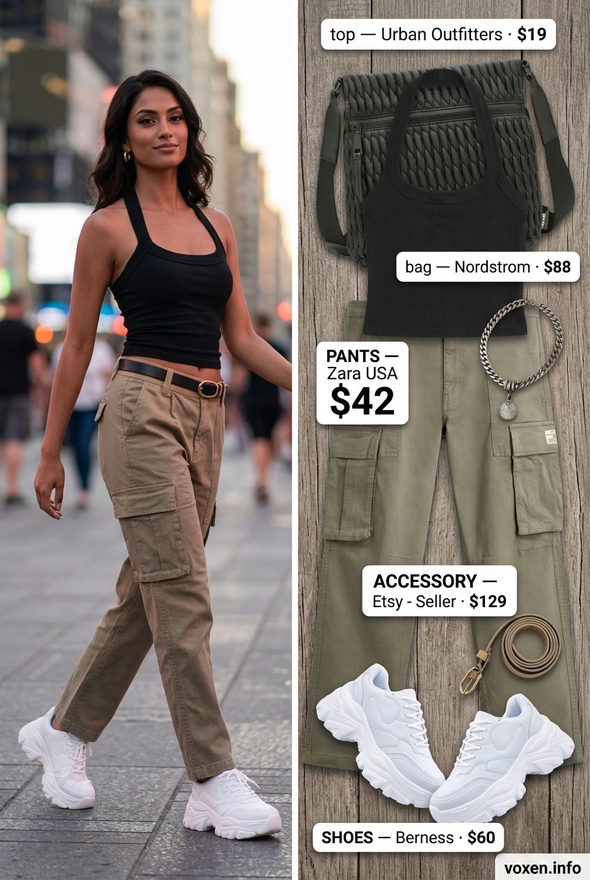 Urban explorer outfit with black halter crop top, khaki cargo pants, and chunky sneakers for summer Halter Neck outfits for women 2026.