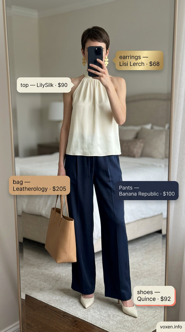 Elegant summer halter neck outfits for women 2026: Cream halter top, navy wide-leg pants, nude pumps, structured tote, gold earrings.
