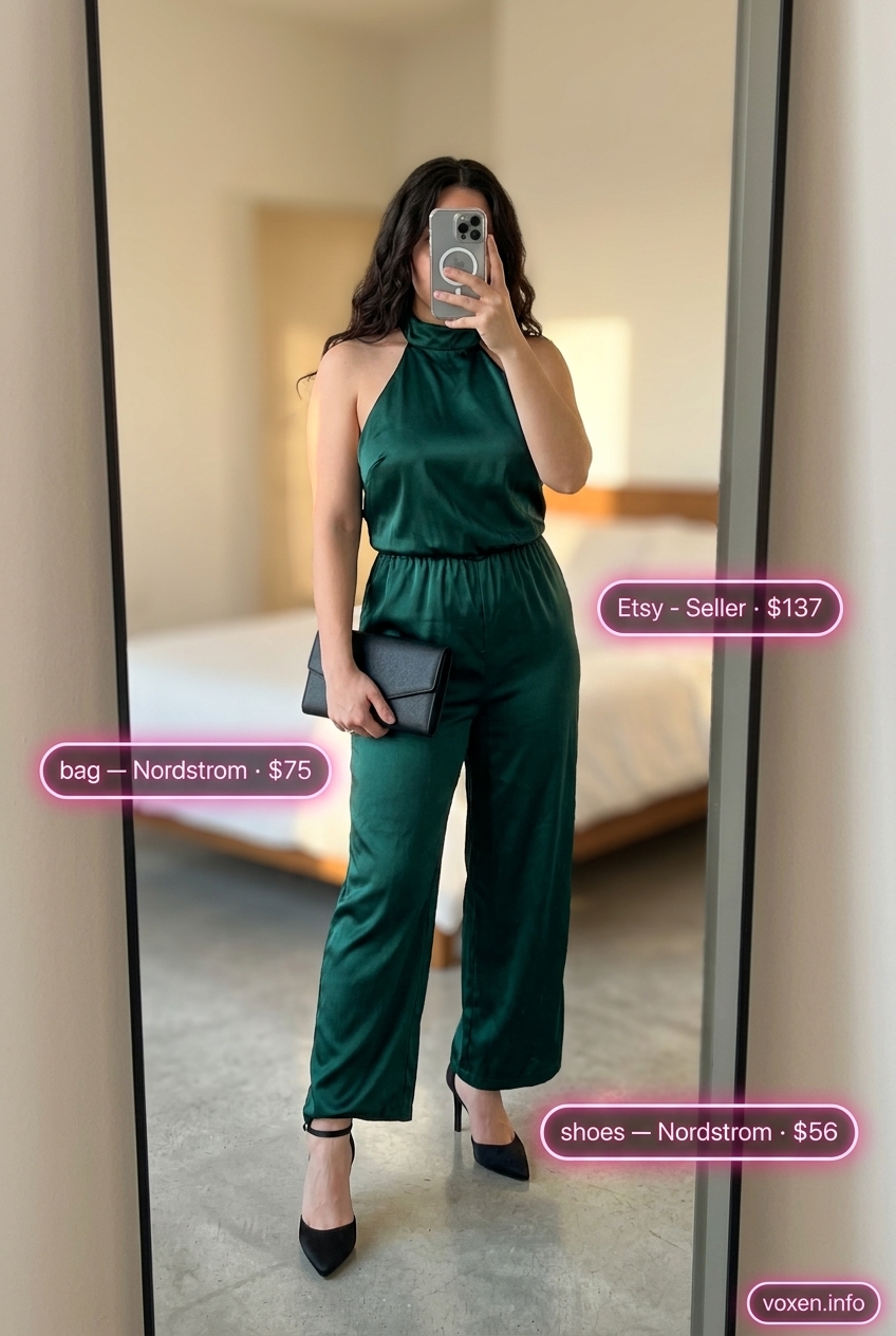 Elegant emerald green halter jumpsuit with black clutch and silver earrings for summer Halter Neck outfits for women 2026.