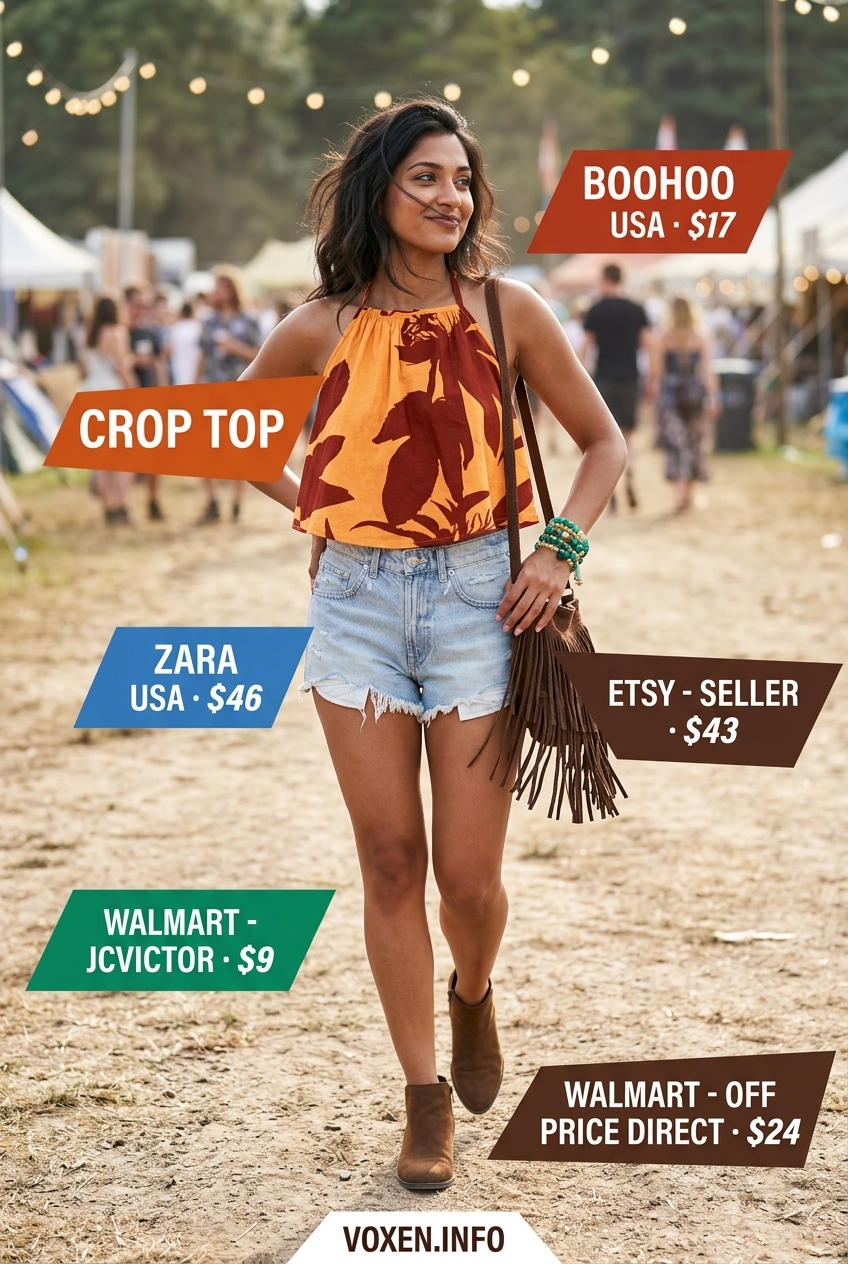 Multi-color print halter neck crop top with denim shorts outfit for women 2026, perfect for music festivals.