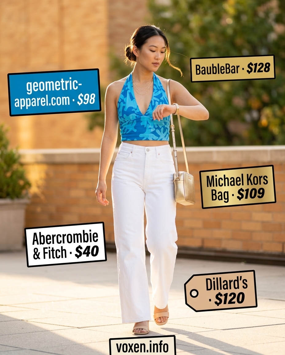 Coral and teal geometric print halter neck tank top with white jeans outfit for women 2026, for casual chic.
