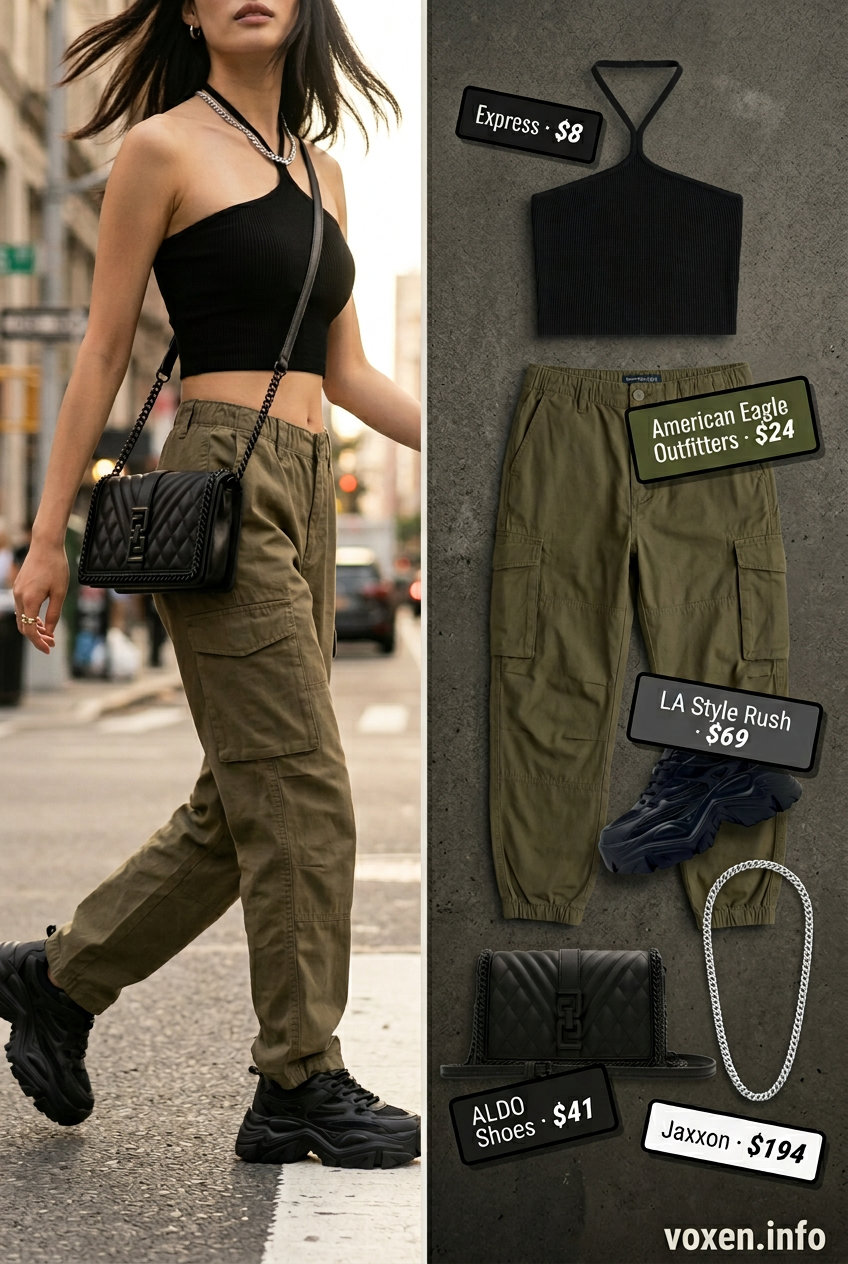 Edgy summer halter neck outfits for women 2026: Black crop top, khaki cargo pants, platform sneakers, silver chain necklace.