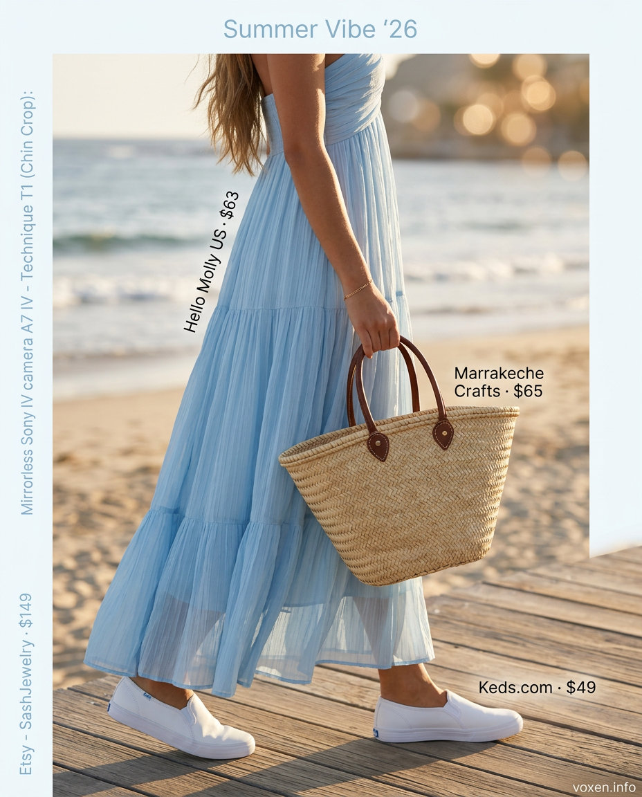 Relaxed sky blue halter maxi dress with white sneakers and straw tote for summer Halter Neck outfits for women 2026.