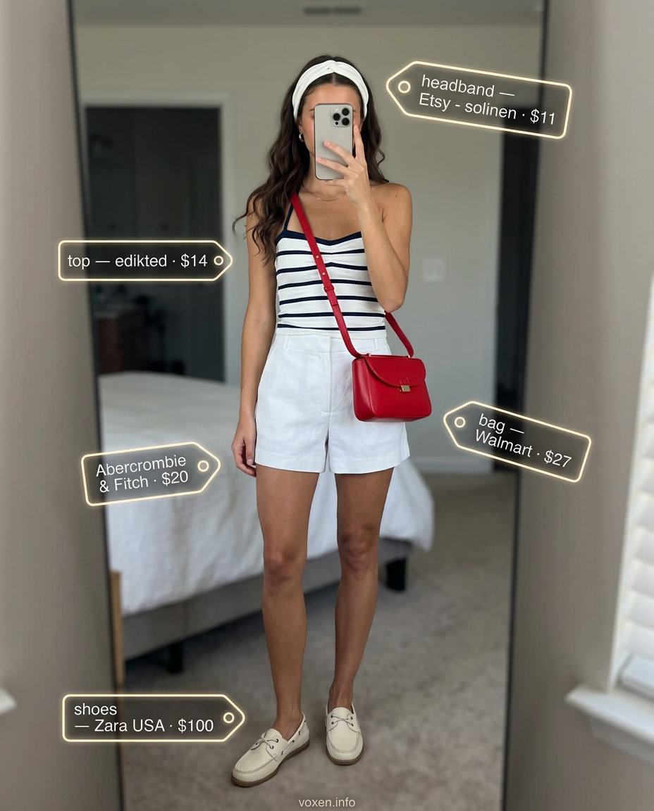Navy and white striped halter neck tank top with white shorts outfit for women 2026, perfect for summer outings.