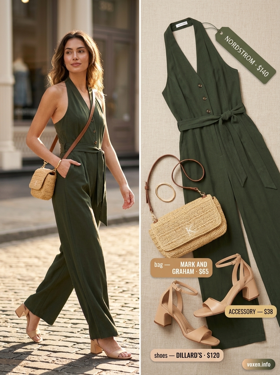 Olive green wide-leg halter neck jumpsuit outfit for women 2026, ideal for weekend brunch and casual dinners.