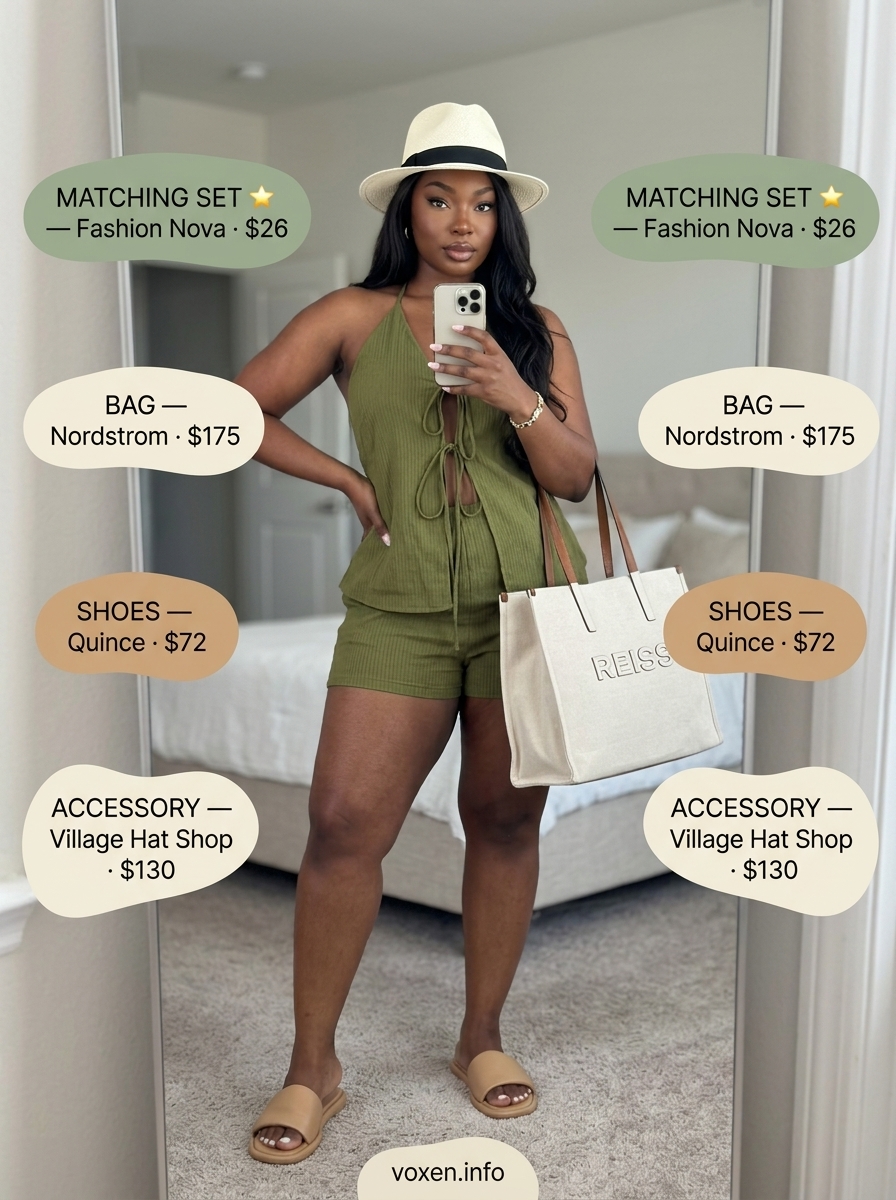 Relaxed summer halter neck outfits for women 2026: Olive green linen set, straw hat, leather sandals, canvas tote.