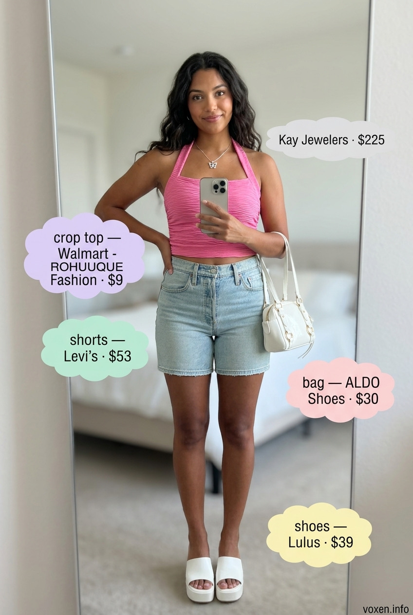 Hot pink halter neck crop top with denim shorts outfit for women 2026, great for festivals and summer parties.