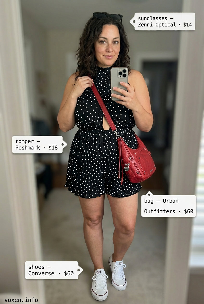 Retro summer halter neck outfits for women 2026: Black and white polka dot romper, red crossbody bag, cat-eye sunglasses, white sneakers.