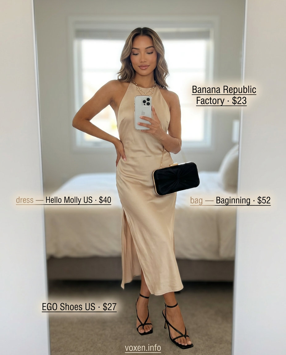 Elegant champagne halter slip dress with black heeled sandals and gold necklaces for summer Halter Neck outfits for women 2026.
