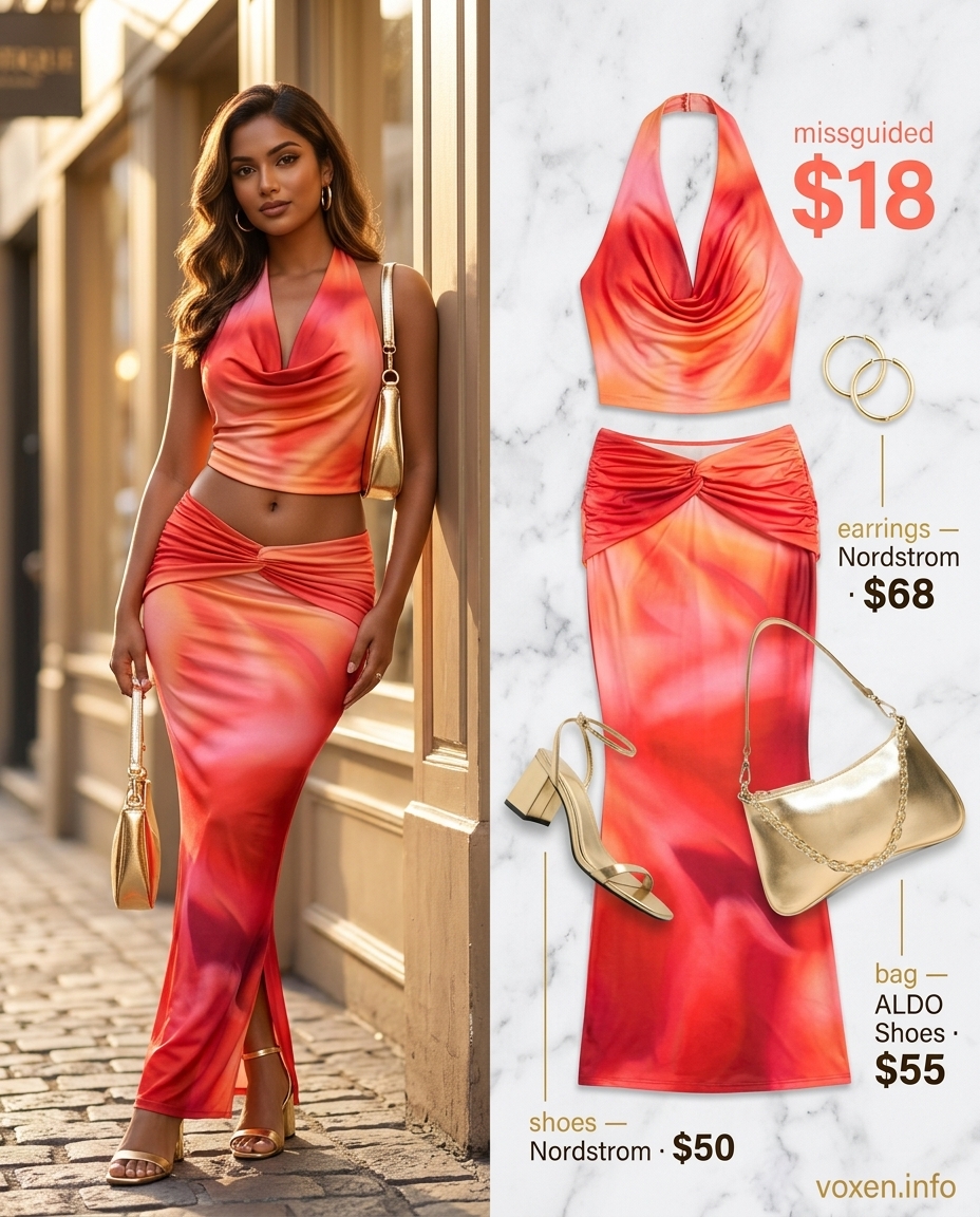 Vibrant summer halter neck outfits for women 2026: Sunset gradient skirt set, gold heels, gold shoulder bag, gold hoop earrings.