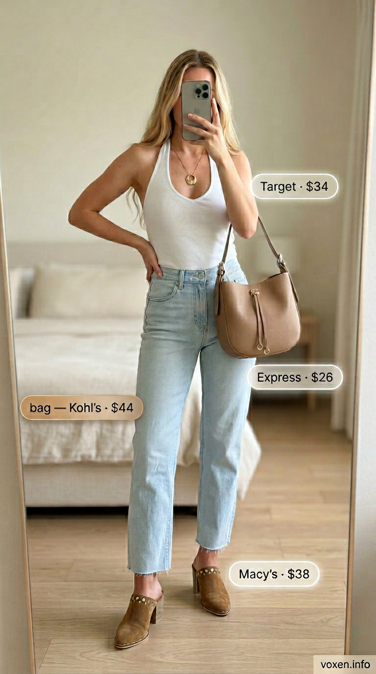 Chic white halter top with light wash denim jeans and tan mules for summer Halter Neck outfits for women 2026.