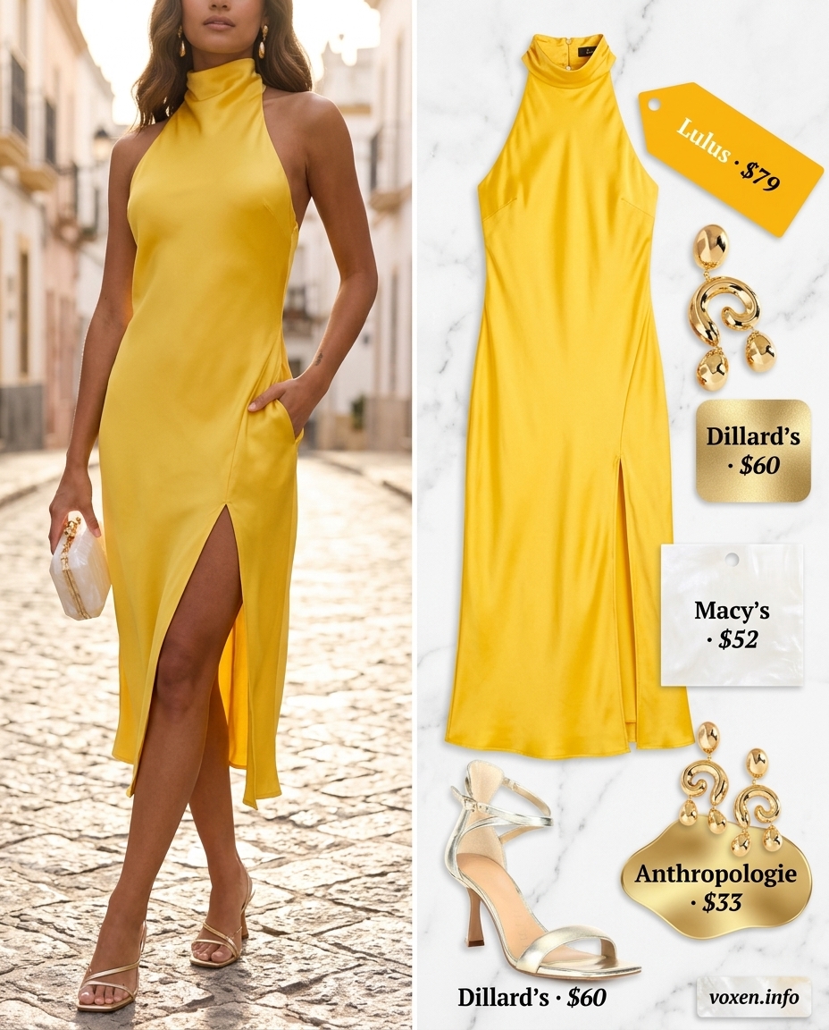 Sunny yellow halter neck midi dress outfit for women 2026, perfect for vacation dinners and summer events.