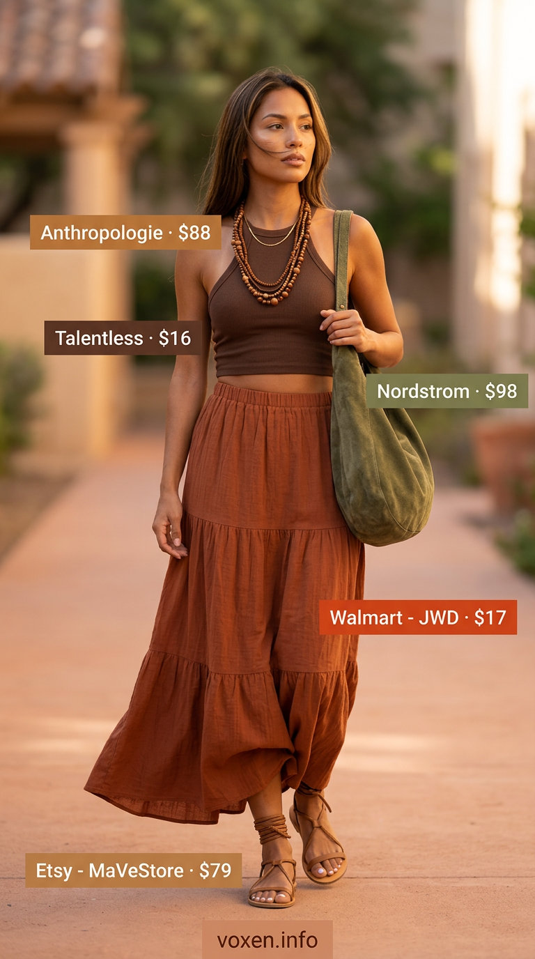 Boho beach outfit: cream knit halter top, terracotta maxi skirt, olive green bag for women 2026.