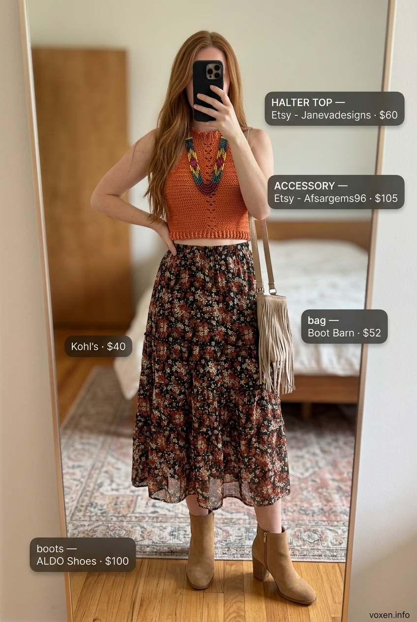 Boho terracotta crochet halter top, floral skirt, suede boots for women 2026.