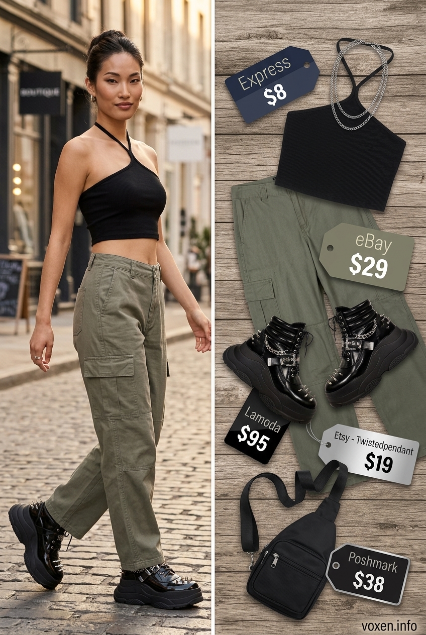 Black halter top and khaki cargo pants outfit for women 2026, for urban exploration.