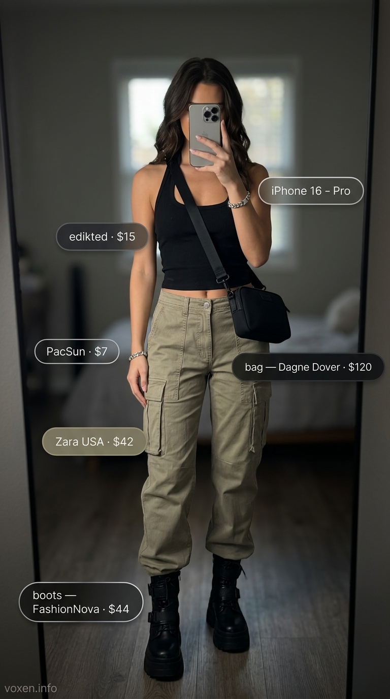 Black halter top and khaki cargo pants outfit for women 2026, for an edgy street style.
