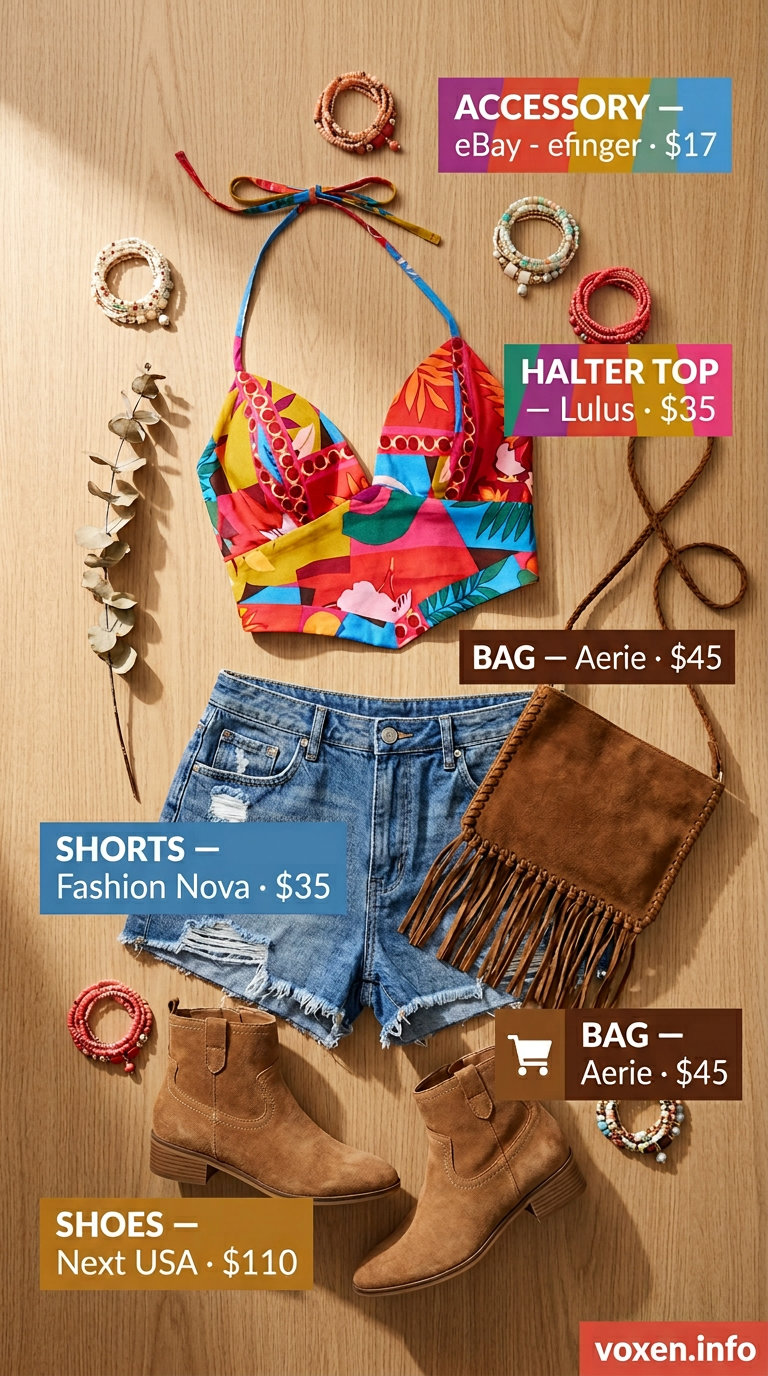 Floral halter top and denim shorts outfit for women 2026, for a boho summer look.