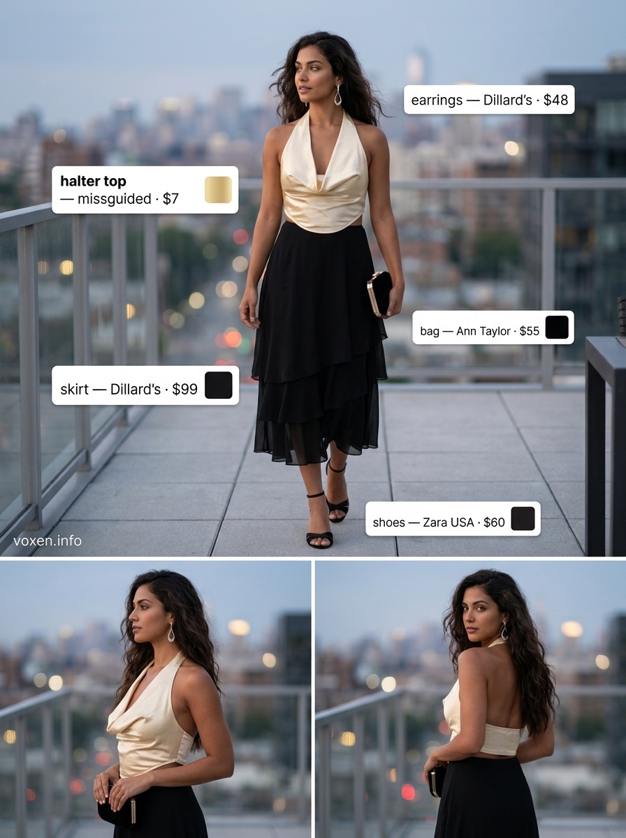 Gold halter top and black skirt outfit for women 2026, perfect for evening events.