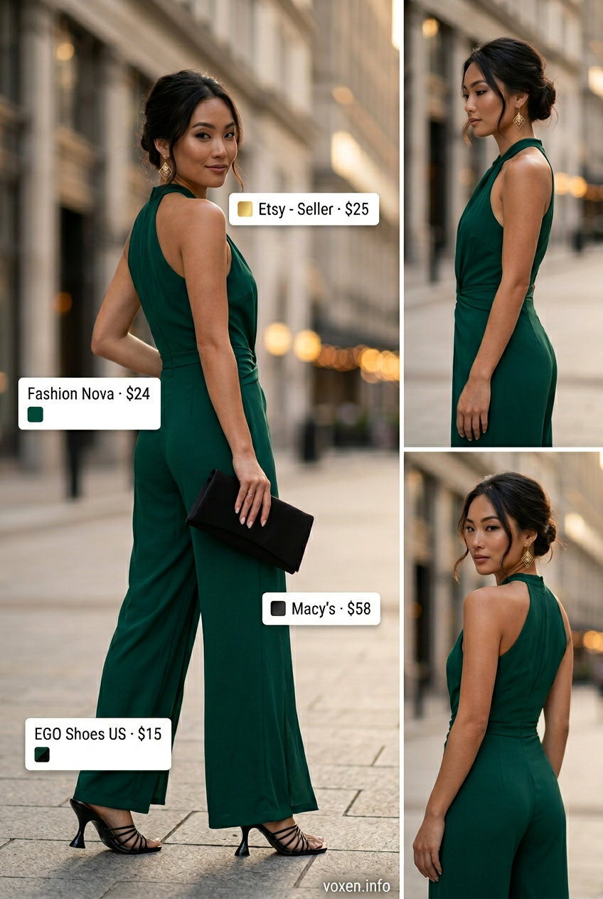 Emerald green halter neck jumpsuit for women 2026, perfect for evening events.