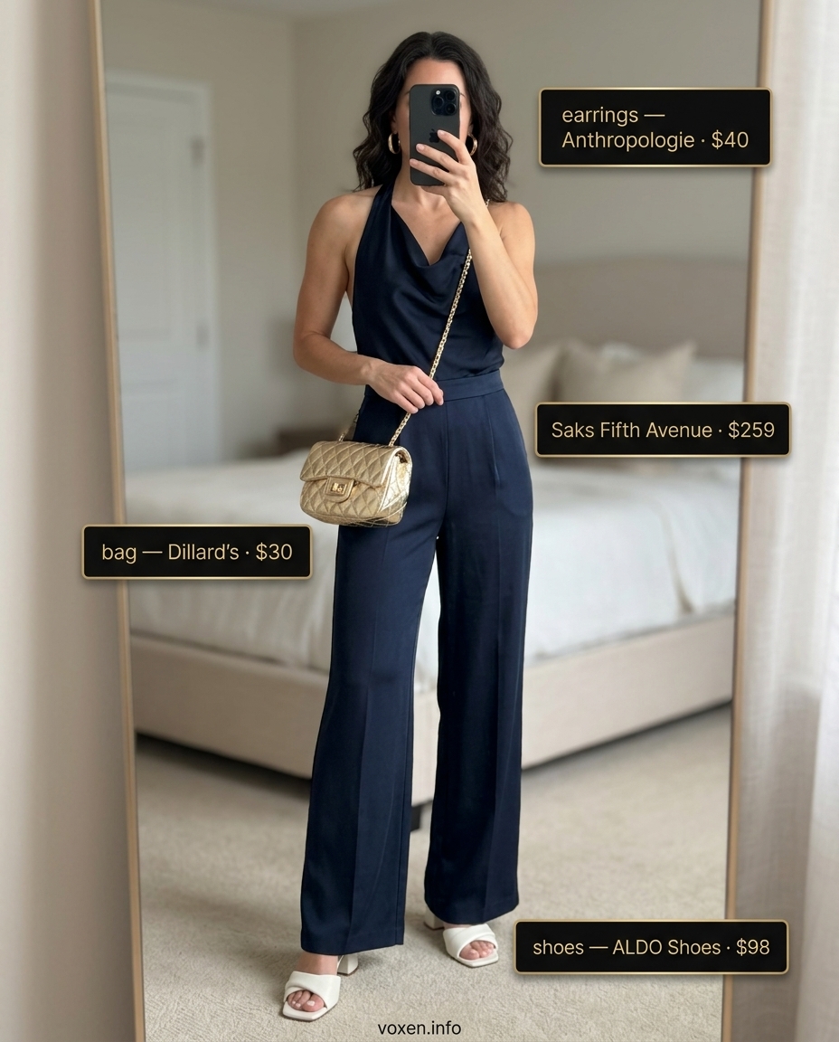 Chic navy linen halter jumpsuit, white mules, gold bag for women 2026.