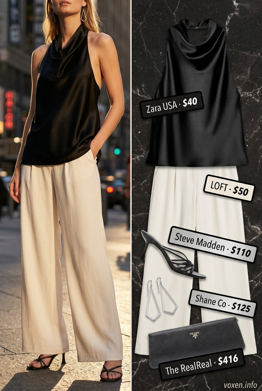 Black satin halter top and ivory palazzo pants outfit for women 2026, for date night.