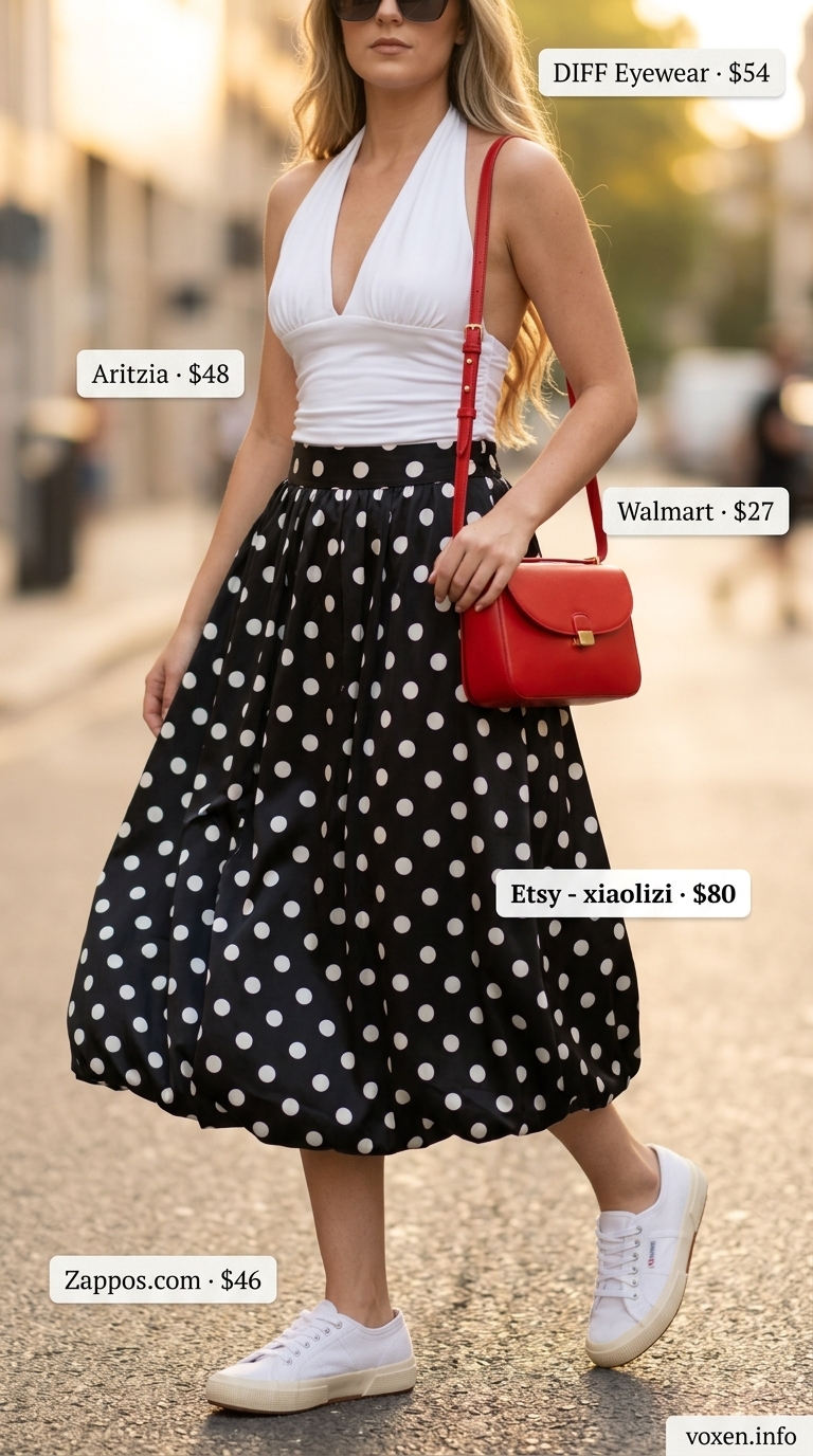 White halter top and polka dot skirt outfit for women 2026, for a retro picnic.