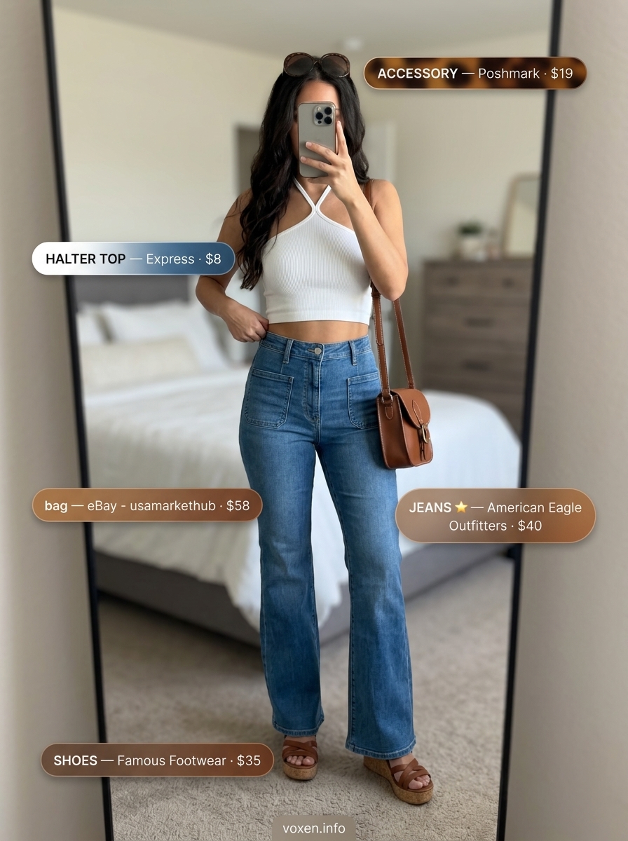 Retro white halter top and flared jeans outfit for women 2026, great for festivals.