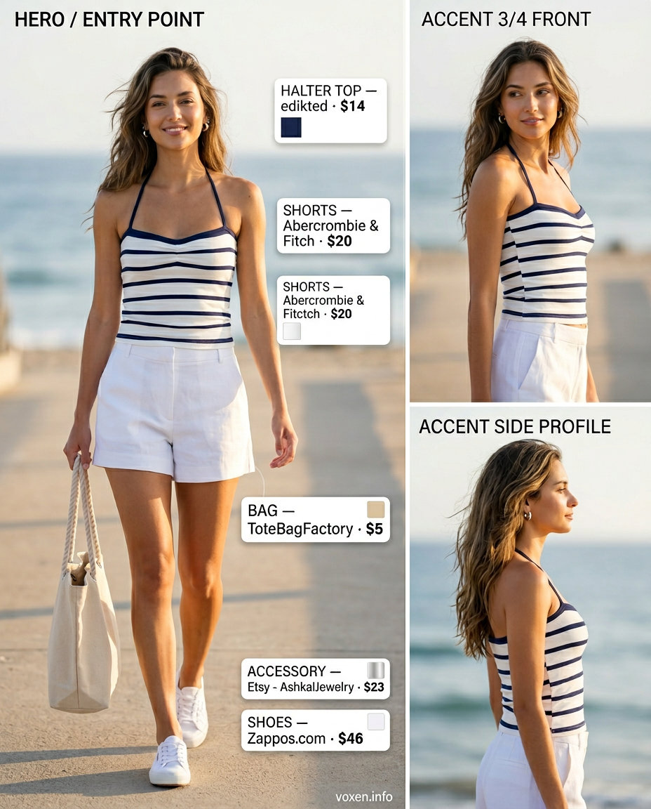 Nautical summer halter top outfit: navy & white stripes, linen shorts, canvas tote for women 2026.
