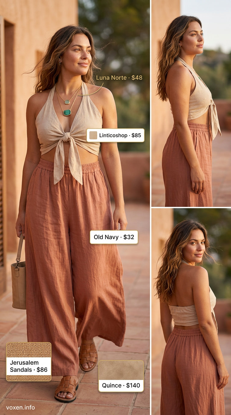 Terracotta linen halter top outfit for women 2026, perfect for summer brunch or travel.