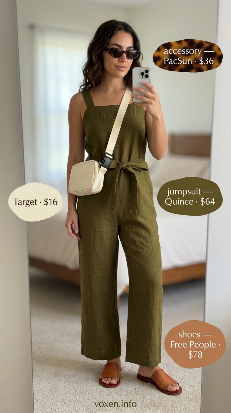Khaki linen jumpsuit for summer, styled with flat sandals and sunglasses for a relaxed vibe.