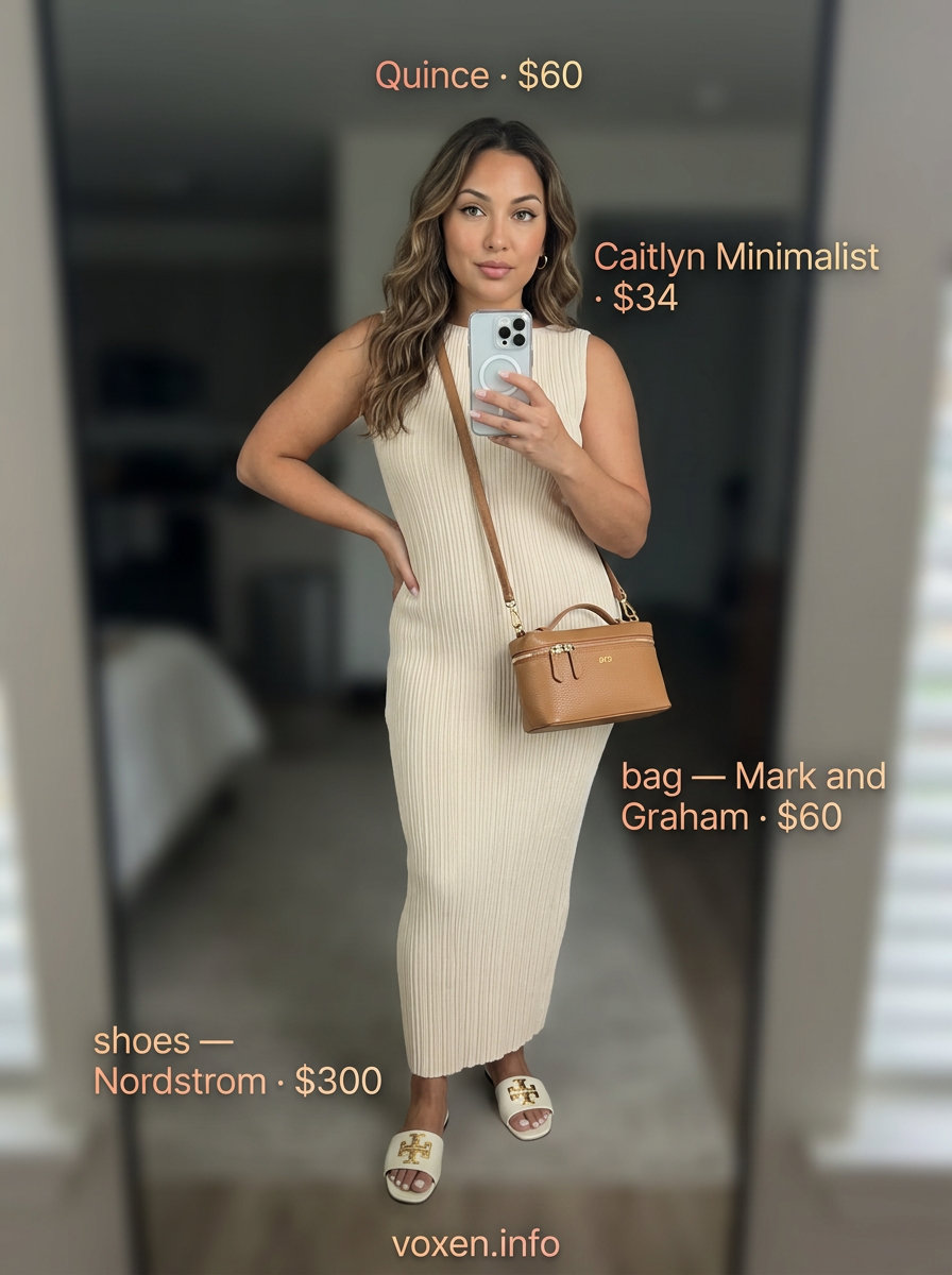 Effortless beige knit sleeveless midi dress for daytime events and travel. Shop summer sleeveless tops for women 2026.