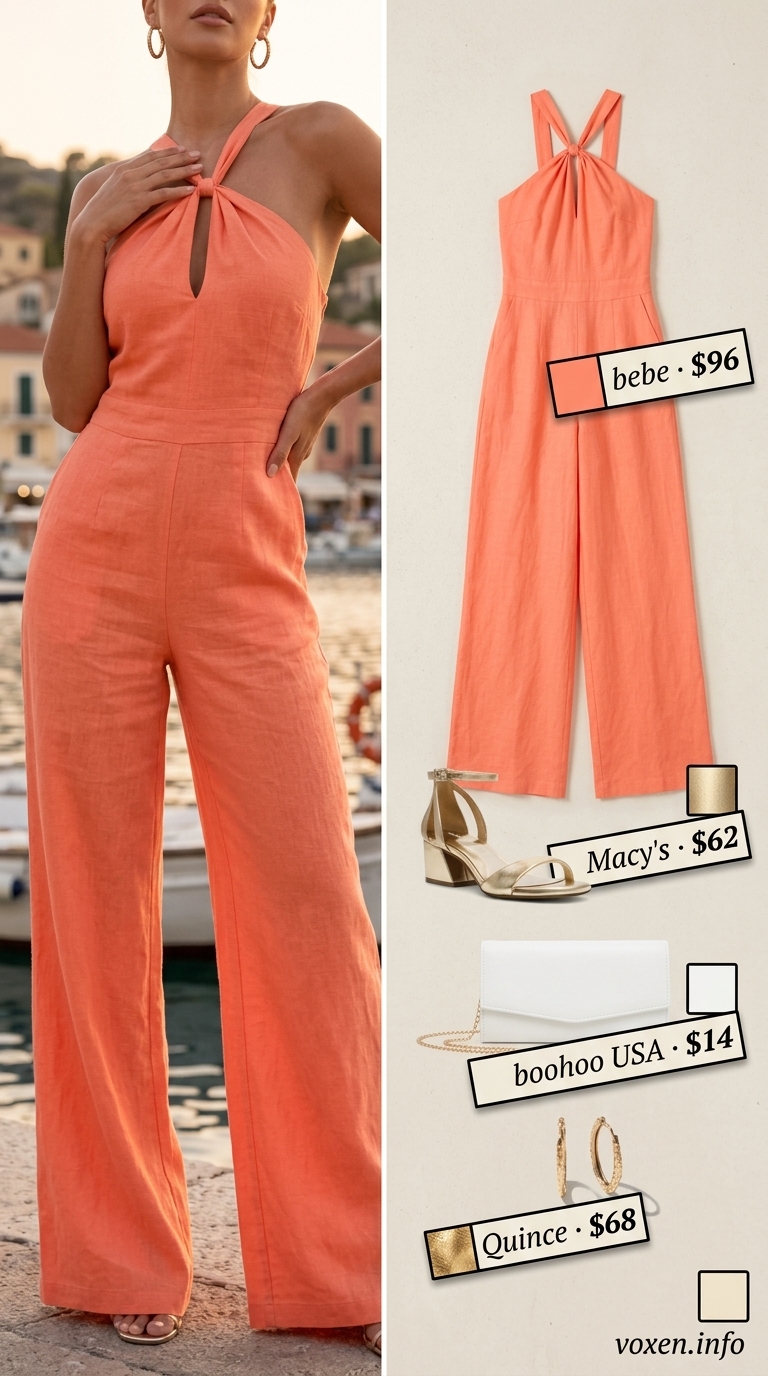 Vibrant coral linen jumpsuit for women 2026, perfect for summer evenings and resort wear.