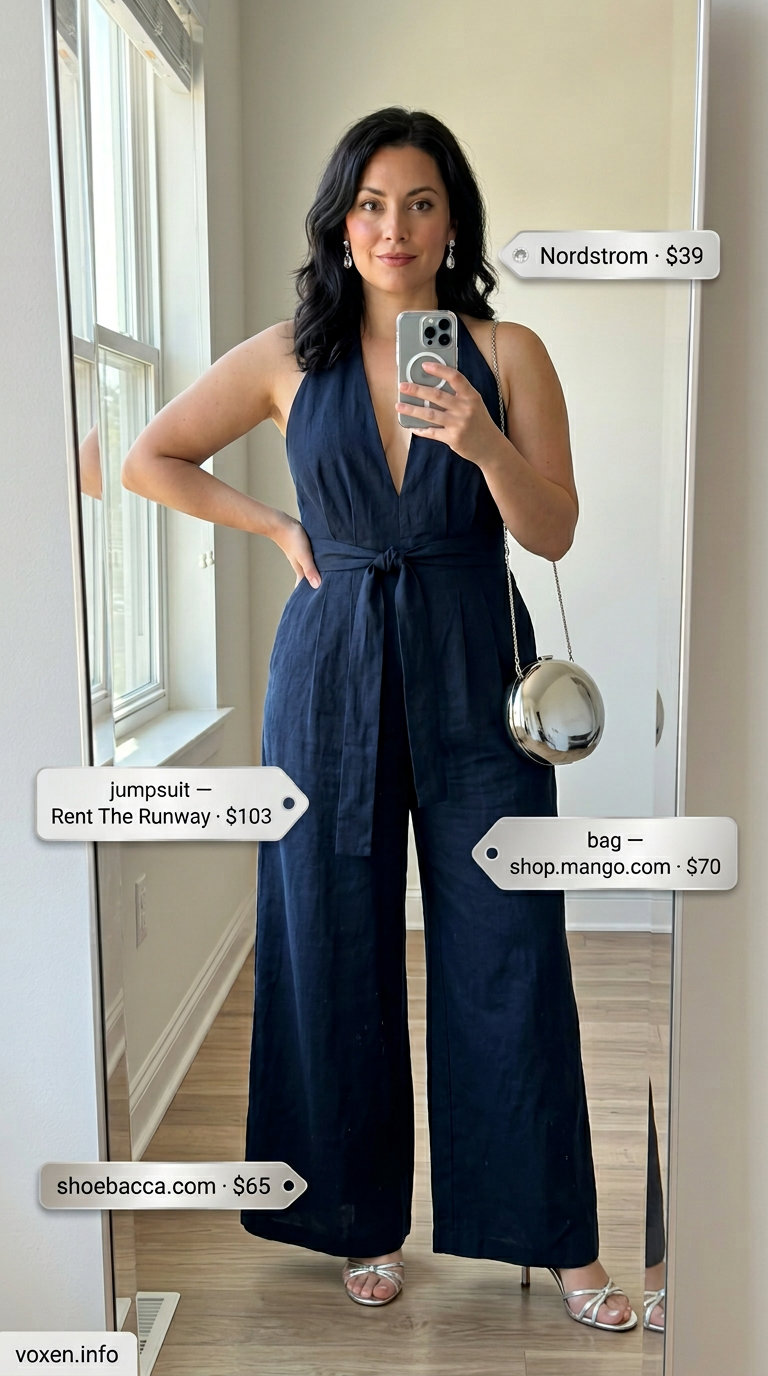 Elegant navy blue linen jumpsuit for women 2026, perfect for summer evening events and cocktail parties.