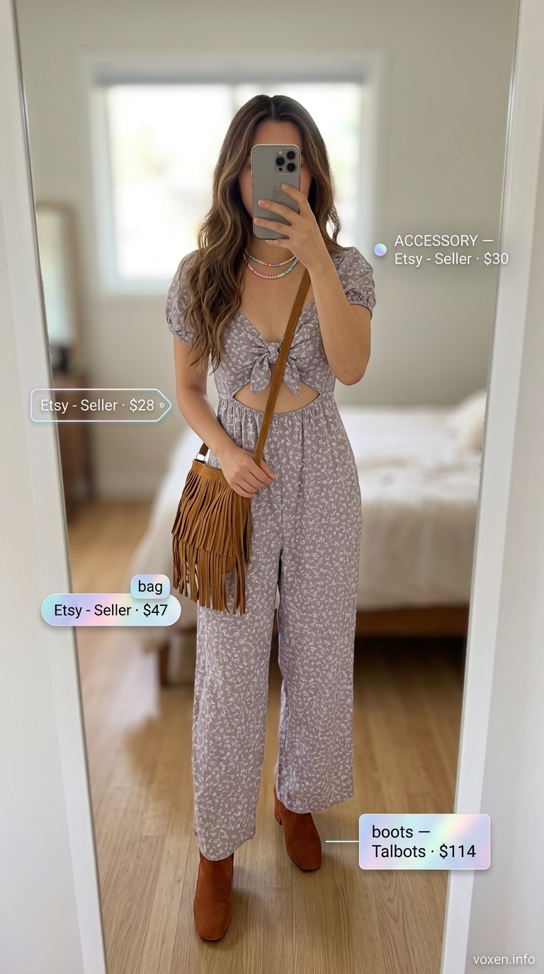 Bohemian lilac linen jumpsuit for women 2026 with bell sleeves, perfect for festivals and vacation.