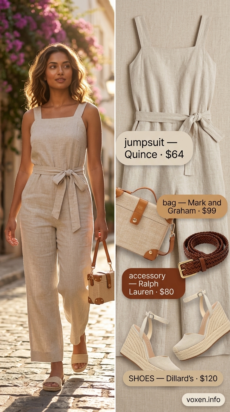 Relaxed natural linen jumpsuit for women 2026, perfect for vacation sightseeing and casual lunches.