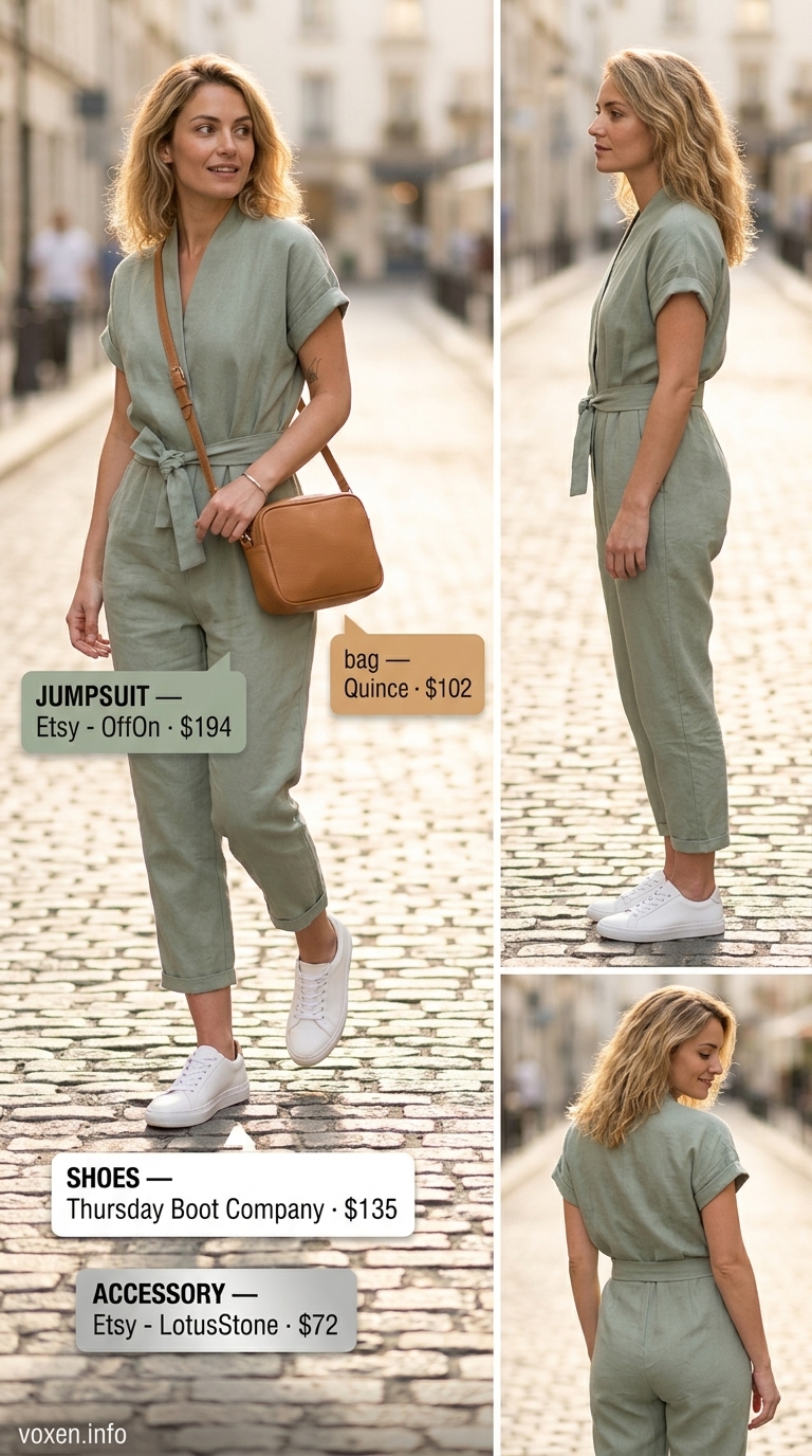 Modern sage green linen jumpsuit for women 2026, great for casual weekends and travel.