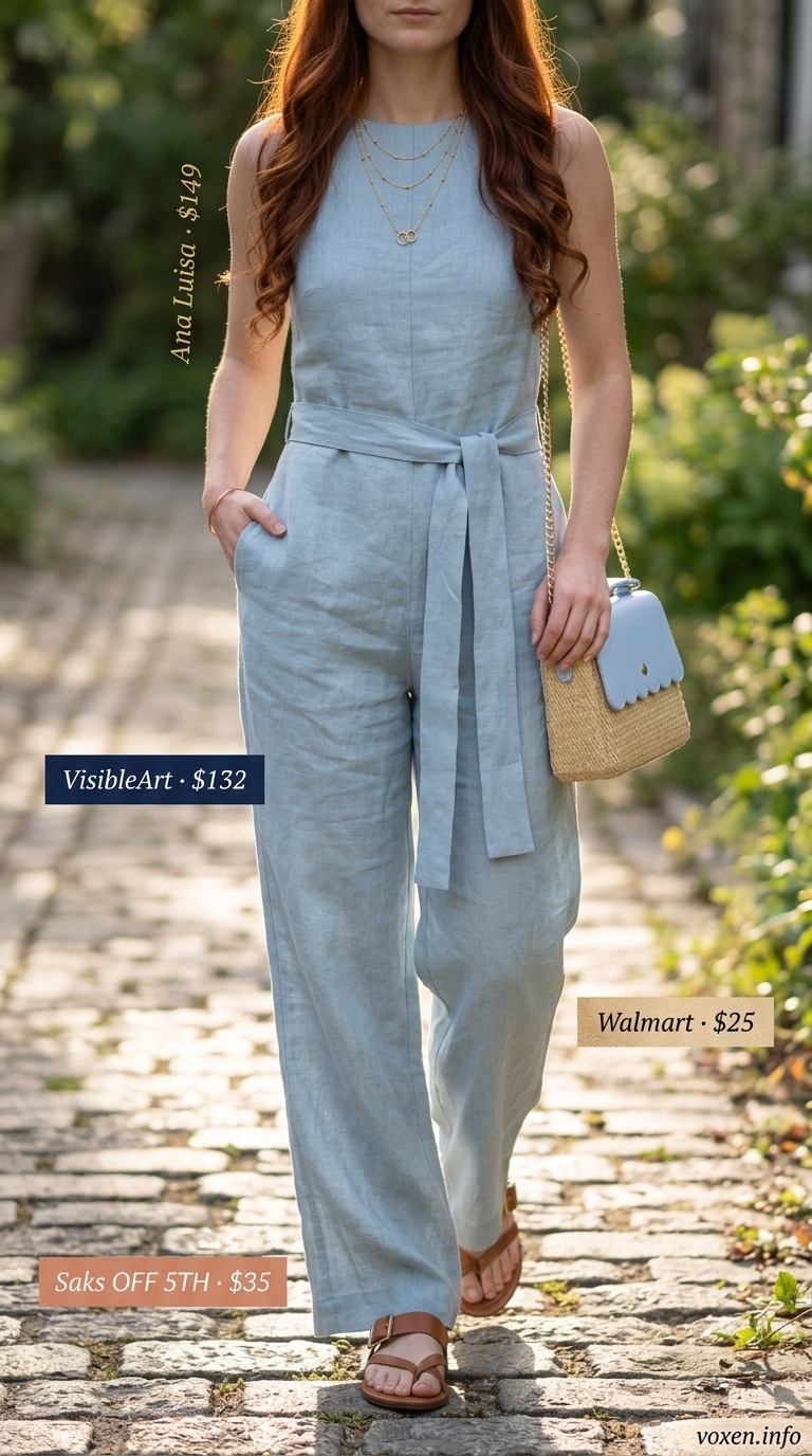 Relaxed sky blue linen jumpsuit for women 2026, ideal for beach resort wear and casual outings.