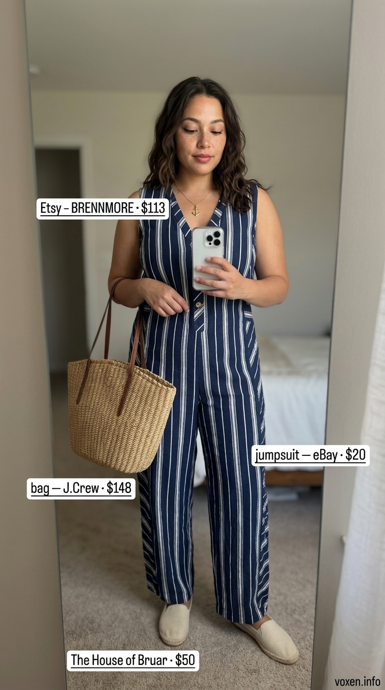 Nautical navy and white striped linen jumpsuit for women 2026, perfect for casual brunch or beach days.