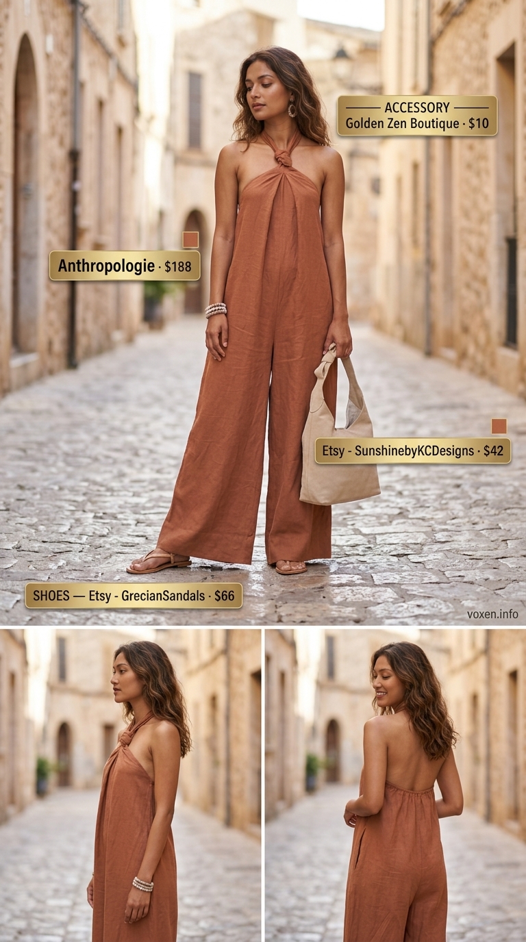 Boho terracotta linen jumpsuit for women 2026, perfect for festivals and casual outings.