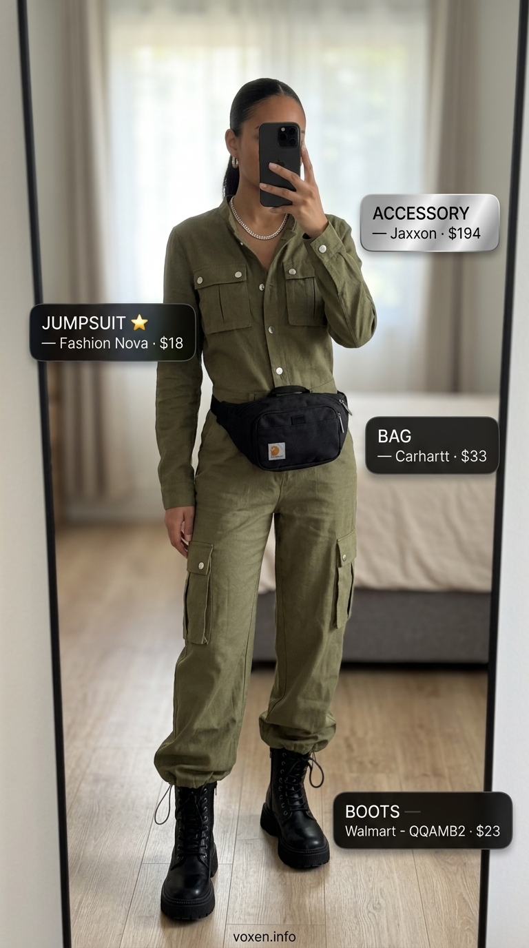 Utilitarian olive green linen jumpsuit for women 2026, great for casual days and outdoor activities.