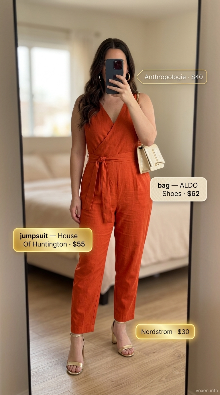 Vibrant rust orange linen jumpsuit for women 2026, styled for summer evenings and dinner dates.