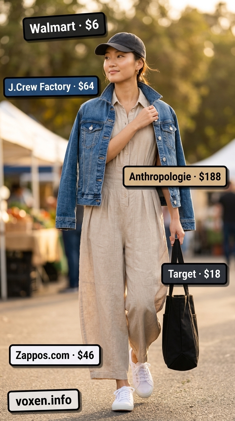 Casual beige linen jumpsuit for women 2026, layered with a denim jacket for weekend outings.