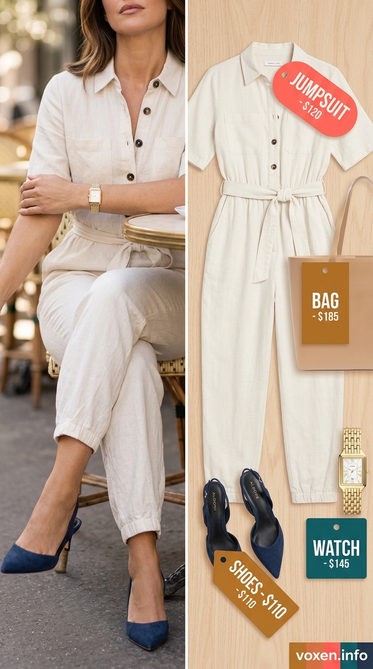 Ivory linen shirt jumpsuit for women 2026, paired with navy heels and a structured tote for smart casual.